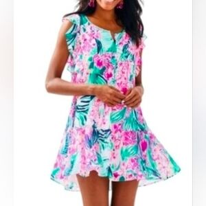 Lilly Pulitzer Nora Multi Flora Floral Dress Split Neck Beachy